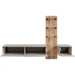 Parete attrezzata 220x160h cm sospesa beige cashmere rovere con stampa nera Halo