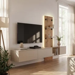 Parete attrezzata 220x160h cm sospesa beige cashmere rovere con stampa nera Halo