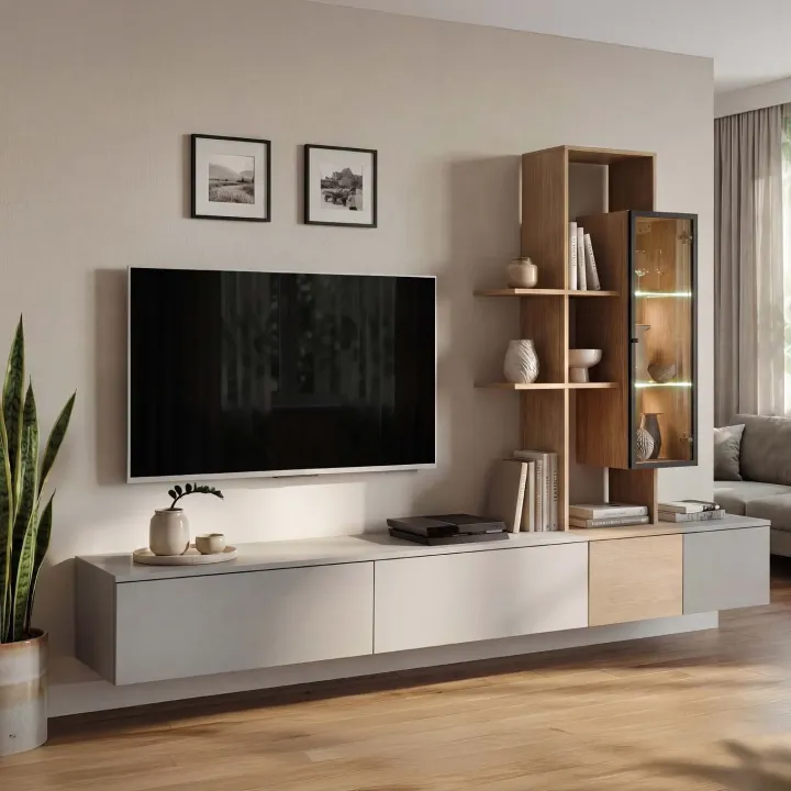 Parete attrezzata 240x160h cm sospesa moderna grigio rovere Tetra