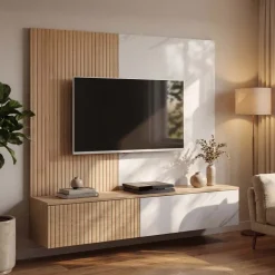 Parete attrezzata 160x148h cm sospesa cannettato, rovere, bianco effetto marmo Kendo