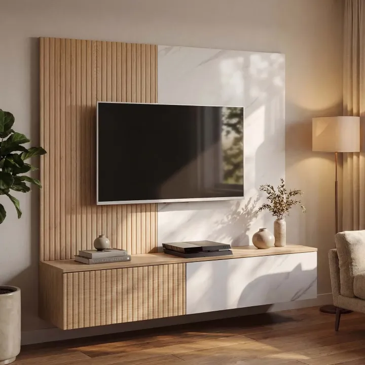 Parete attrezzata 160x148h cm sospesa cannettato, rovere, bianco effetto marmo Kendo