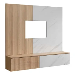 Parete attrezzata 160x148h cm sospesa cannettato, rovere, bianco effetto marmo Kendo