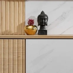 Parete attrezzata 160x148h cm sospesa cannettato, rovere, bianco effetto marmo Kendo