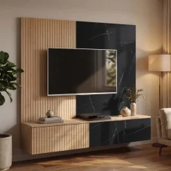 Parete attrezzata 160x148h cm sospesa cannettato, rovere, nero effetto marmo Kendo