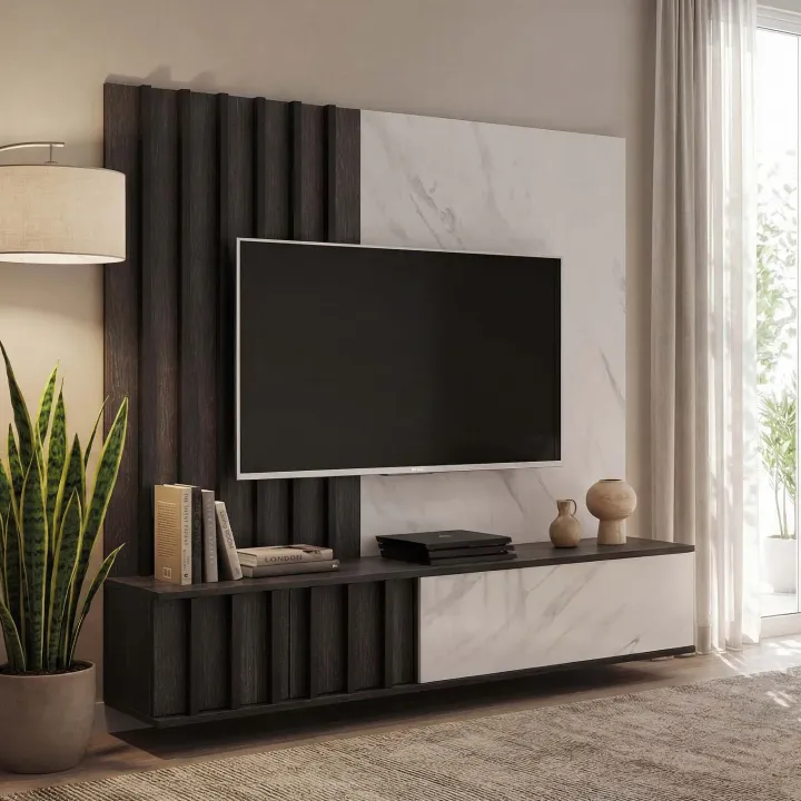 Parete attrezzata 160x148h cm sospesa cannettato wengè bianco effetto marmo Kendo