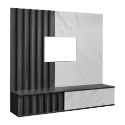 Parete attrezzata 160x148h cm sospesa cannettato wengè bianco effetto marmo Kendo