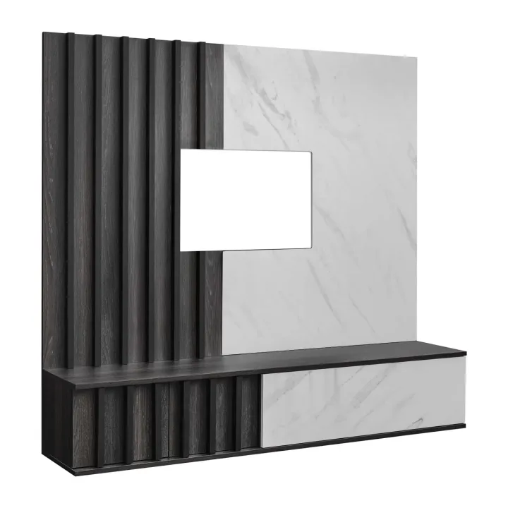 Parete attrezzata 160x148h cm sospesa cannettato wengè bianco effetto marmo Kendo