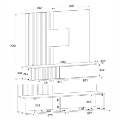 Parete attrezzata 160x148h cm sospesa cannettato wengè bianco effetto marmo Kendo