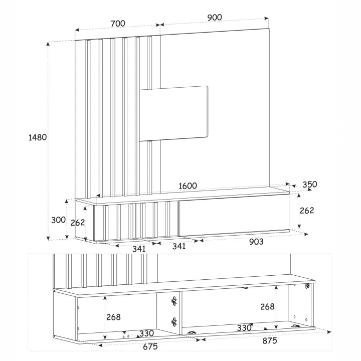 Parete attrezzata 160x148h cm sospesa cannettato wengè bianco effetto marmo Kendo