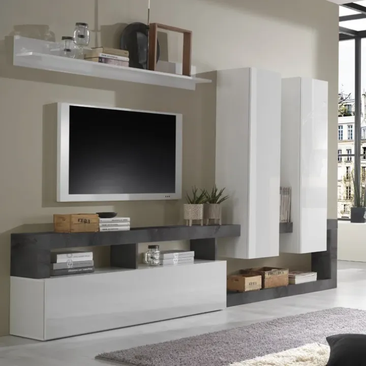 Parete attrezzata 277x200h moderna cm bianco lucido ossido Invictus