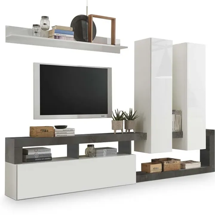 Parete attrezzata 277x200h moderna cm bianco lucido ossido Invictus