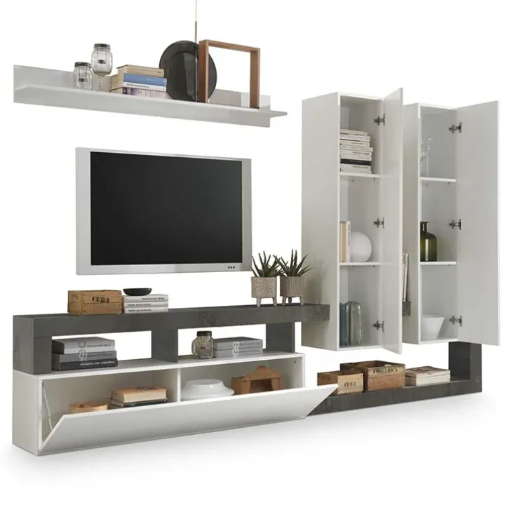 Parete attrezzata 277x200h moderna cm bianco lucido ossido Invictus