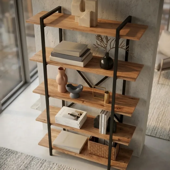 Scaffale libreria 90x160h cm 5 ripiani industrial metallo rovere rustico Loft