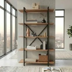 Scaffale libreria 90x160h cm 5 ripiani industrial metallo rovere rustico Loft