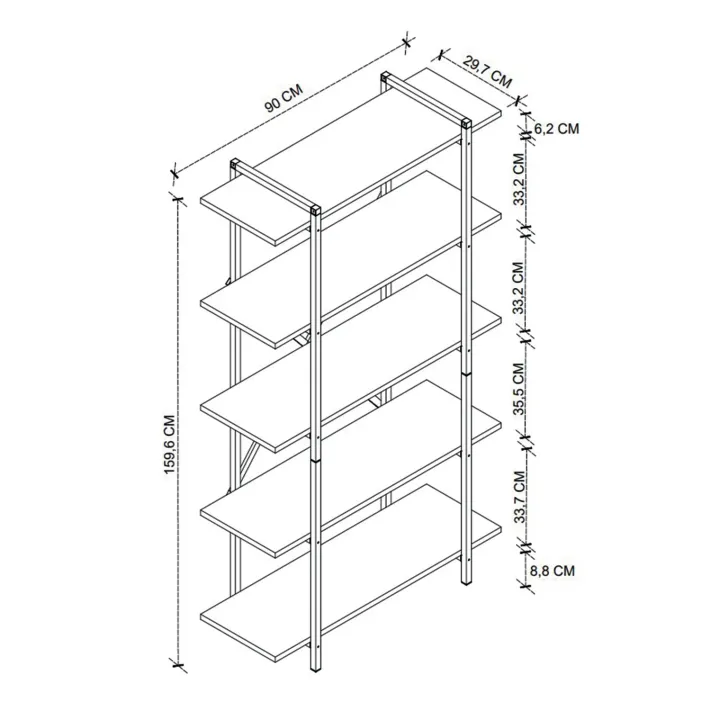 Scaffale libreria 90x160h cm 5 ripiani industrial metallo rovere rustico Loft