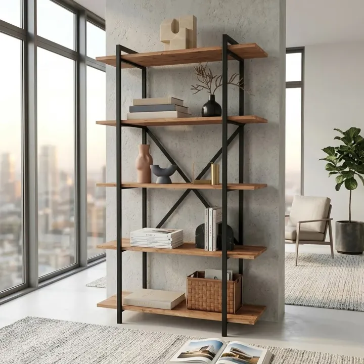 Scaffale libreria 90x160h cm 5 ripiani industrial metallo rovere rustico Loft