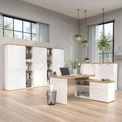 Scrivania angolare ufficio reversibile 140x120cm bianco lucido rovere chiaro Opera