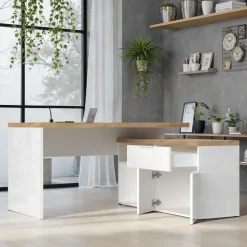 Scrivania angolare ufficio reversibile 140x120cm bianco lucido rovere chiaro Opera