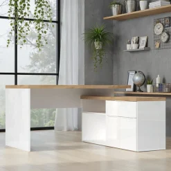Scrivania angolare ufficio reversibile 140x120cm bianco lucido rovere chiaro Opera