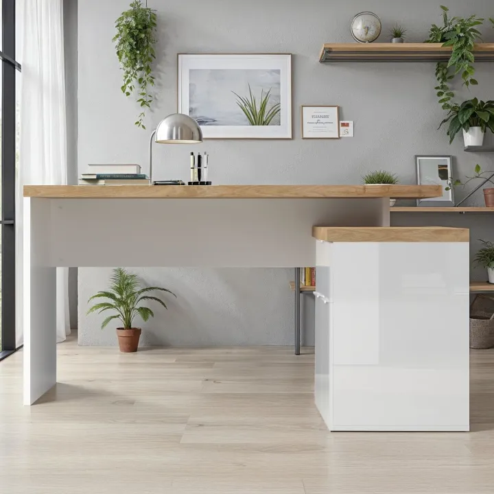 Scrivania angolare ufficio reversibile 140x120cm bianco lucido rovere chiaro Opera
