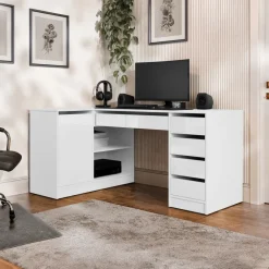 Scrivania angolare ufficio 158x98cm 1 anta 5 cassetti bianco lucido Blackpool