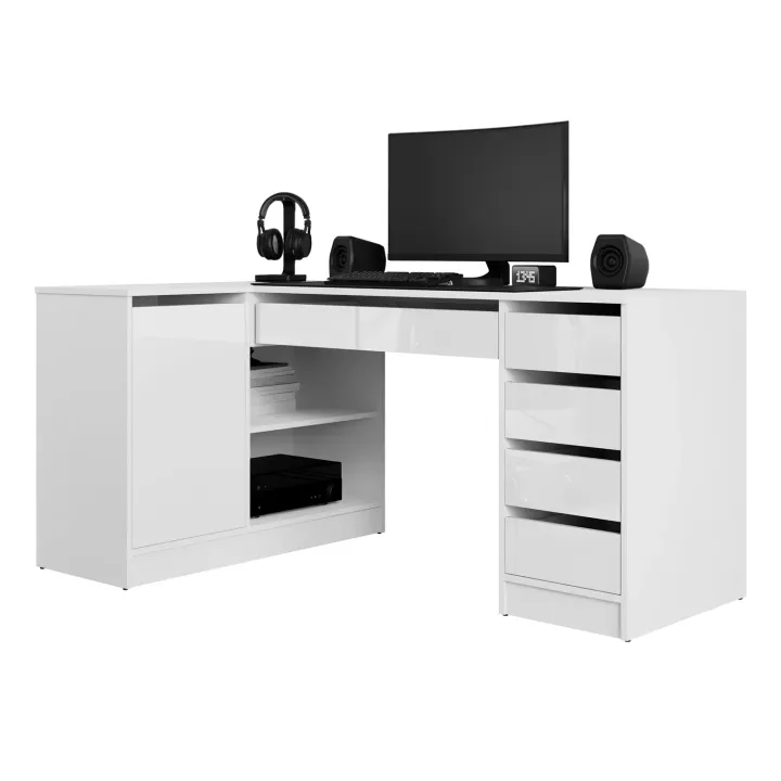 Scrivania angolare ufficio 158x98cm 1 anta 5 cassetti bianco lucido Blackpool