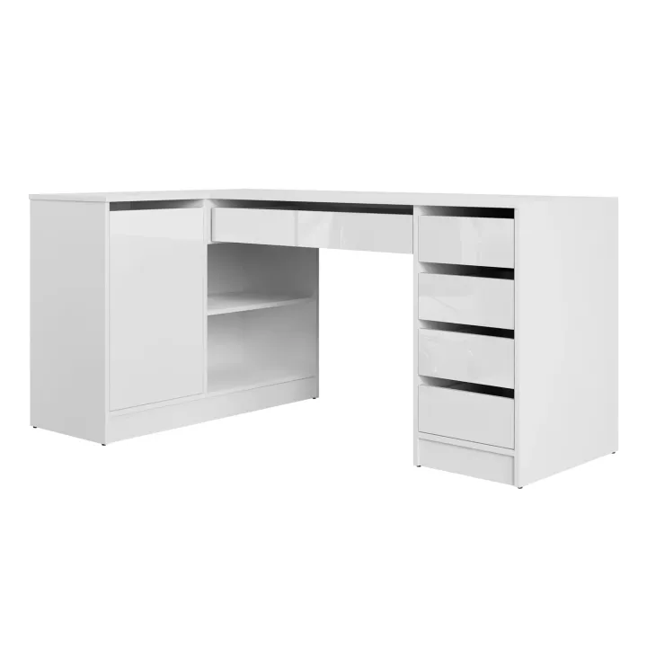 Scrivania angolare ufficio 158x98cm 1 anta 5 cassetti bianco lucido Blackpool