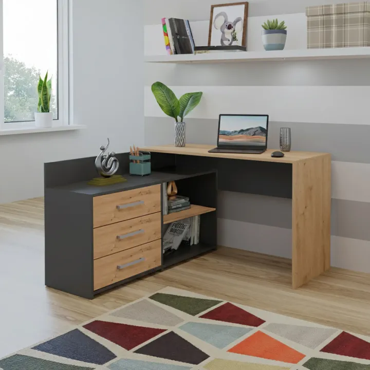 Scrivania angolare ufficio 120x120cm con cassettiera antracite rovere nodoso Genius