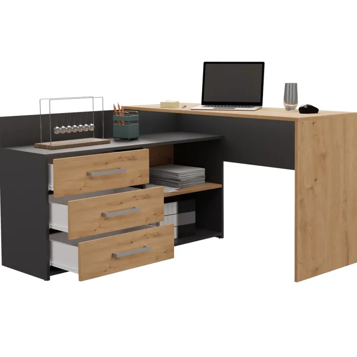 Scrivania angolare ufficio 120x120cm con cassettiera antracite rovere nodoso Genius