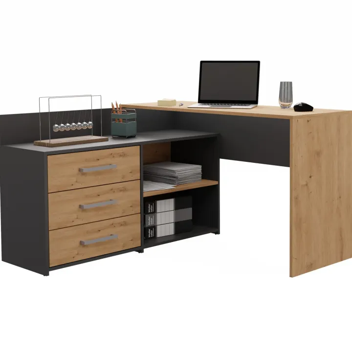 Scrivania angolare ufficio 120x120cm con cassettiera antracite rovere nodoso Genius