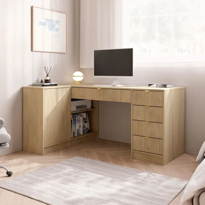 Scrivania angolare ufficio 158x98cm 1 anta 5 cassetti cannettato rovere Athena