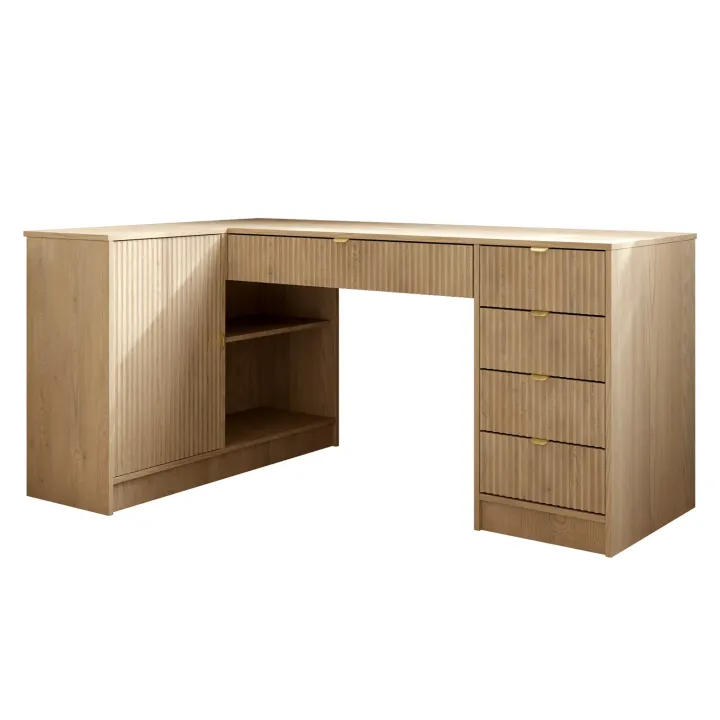 Scrivania angolare ufficio 158x98cm 1 anta 5 cassetti cannettato rovere Athena