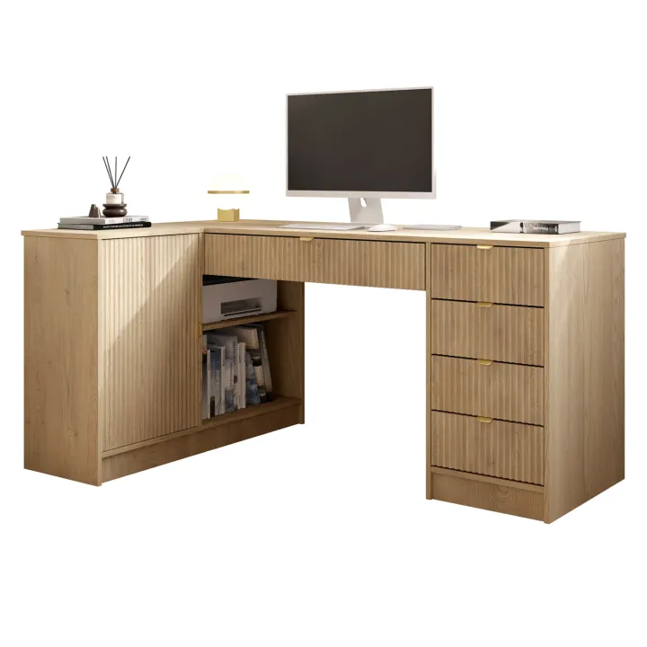 Scrivania angolare ufficio 158x98cm 1 anta 5 cassetti cannettato rovere Athena