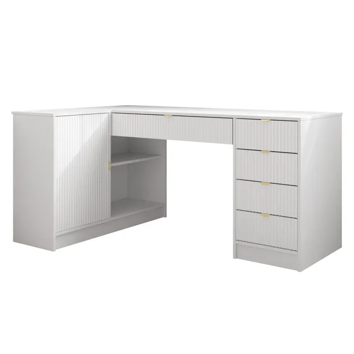 Scrivania angolare ufficio 158x98cm 1 anta 5 cassetti cannettato bianco Athena