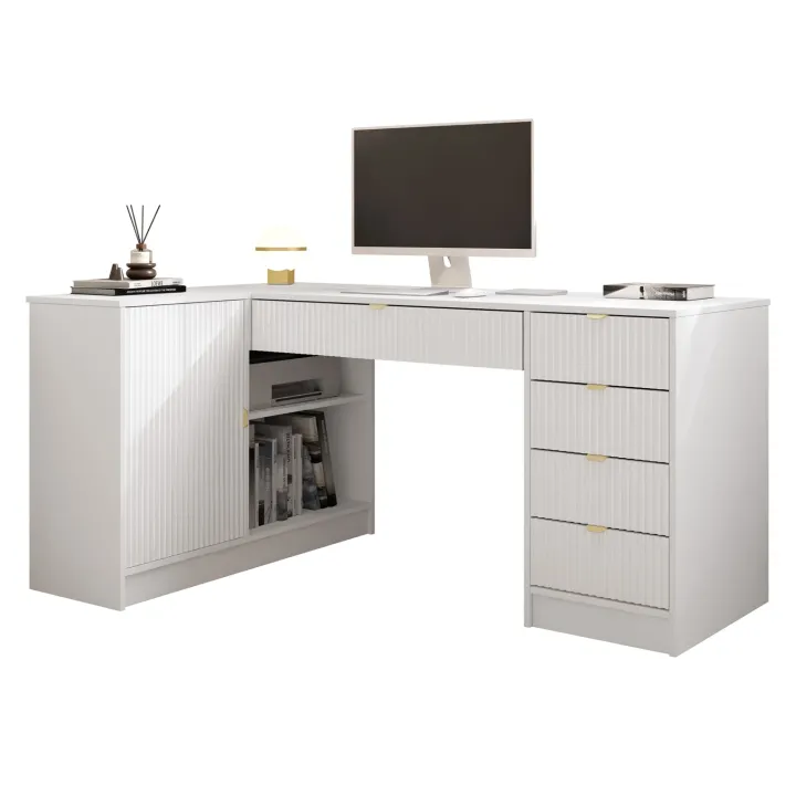 Scrivania angolare ufficio 158x98cm 1 anta 5 cassetti cannettato bianco Athena