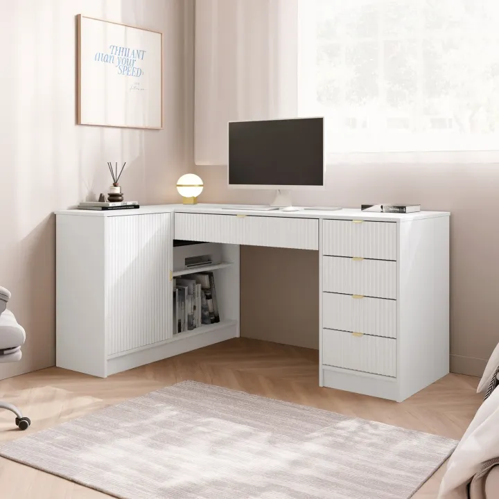 Scrivania angolare ufficio 158x98cm 1 anta 5 cassetti cannettato bianco Athena