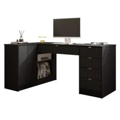 Scrivania angolare ufficio 158x98cm 1 anta 5 cassetti cannettato nero Athena