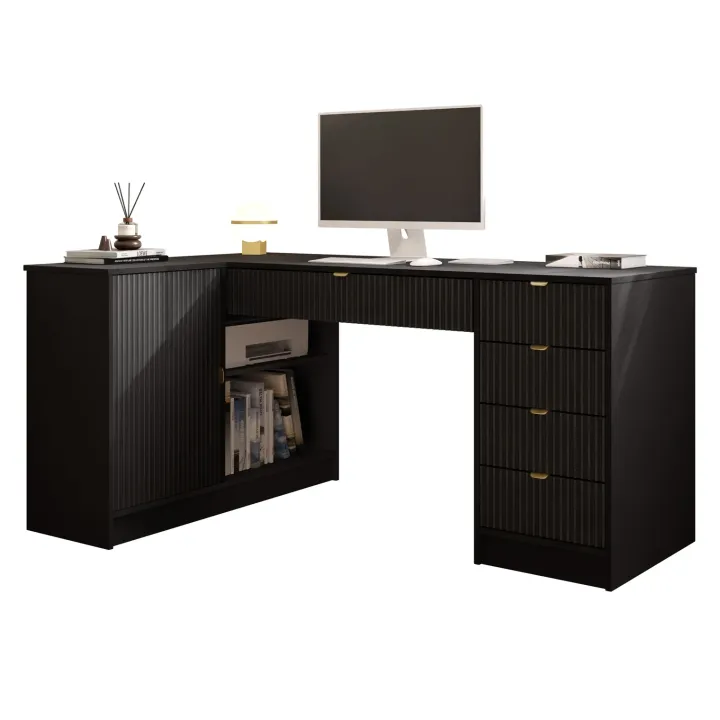 Scrivania angolare ufficio 158x98cm 1 anta 5 cassetti cannettato nero Athena