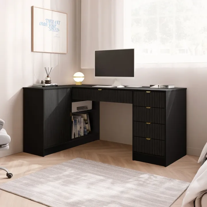 Scrivania angolare ufficio 158x98cm 1 anta 5 cassetti cannettato nero Athena