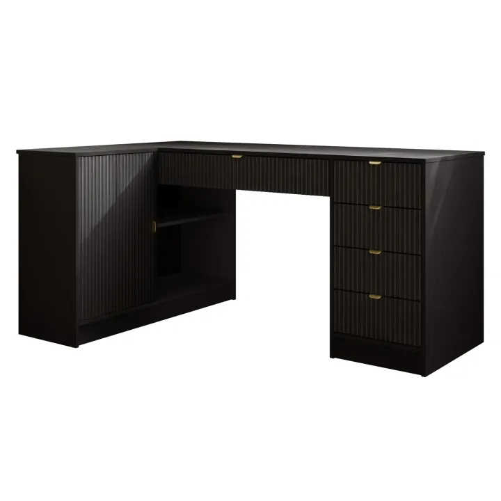 Scrivania angolare ufficio 158x98cm 1 anta 5 cassetti cannettato nero Athena