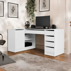 Scrivania angolare ufficio 158x98cm 1 anta 5 cassetti bianco opaco Blackpool