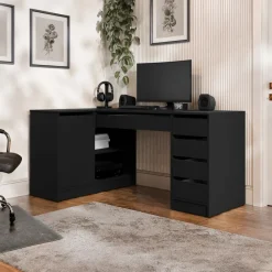 Scrivania angolare ufficio 158x98cm 1 anta 5 cassetti nero Blackpool