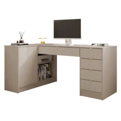Scrivania angolare ufficio 158x98cm 1 anta 5 cassetti cannettato beige Athena
