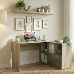 Scrivania angolare 144x127cm ufficio con cassettiera rovere antracite lucido Time Z