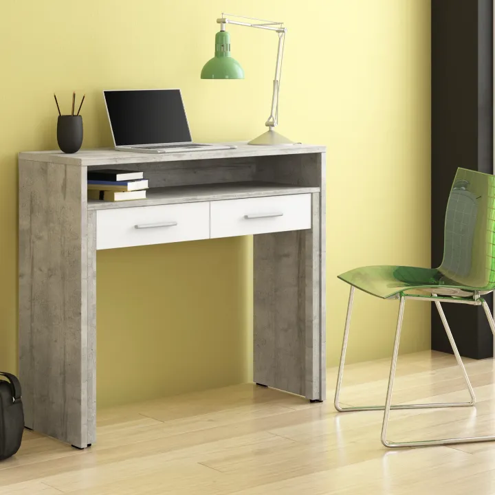 Scrivania consolle 99x71cm scrittoio estraibile bianco frassino cemento Maybelle