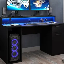 Scrivania gaming 140x65cm moderna con led 2 cassetti nera Crash