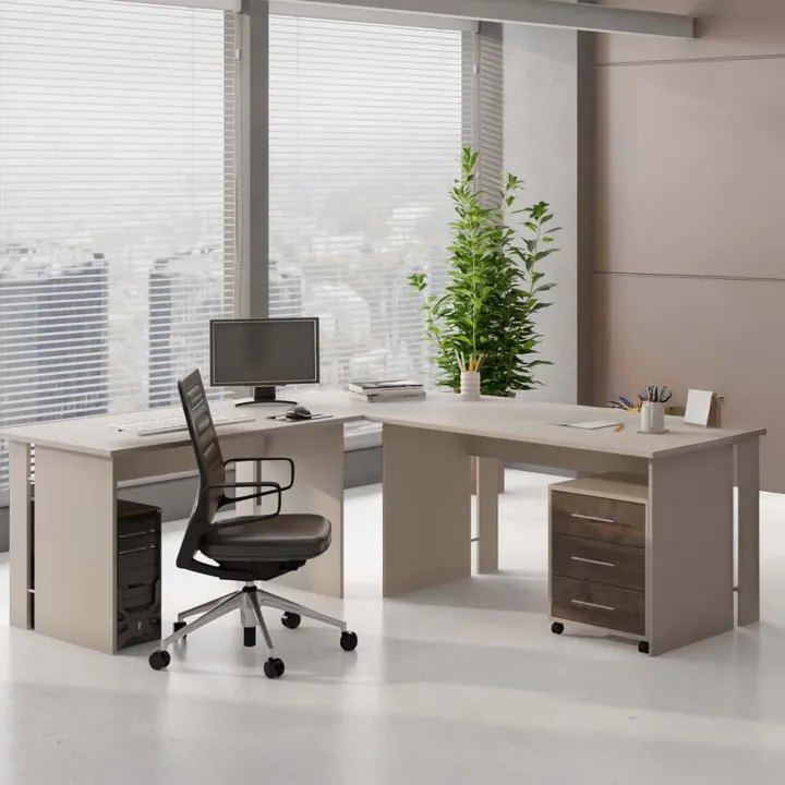 Scrivania ufficio angolare 228x198cm con cassettiera beige cashmere noce Woody