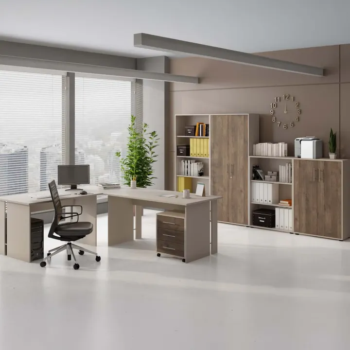 Scrivania ufficio angolare 228x198cm con cassettiera beige cashmere noce Woody