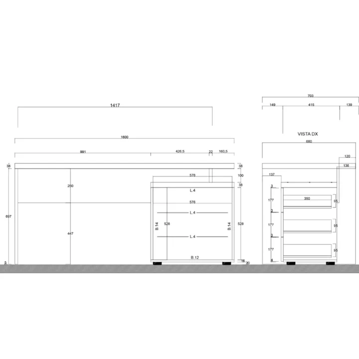 Scrivania ufficio reversibile 160x75cm con cassettiera bianco lucido rovere chiaro Opera