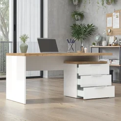 Scrivania ufficio reversibile 160x75cm con cassettiera bianco lucido rovere chiaro Opera